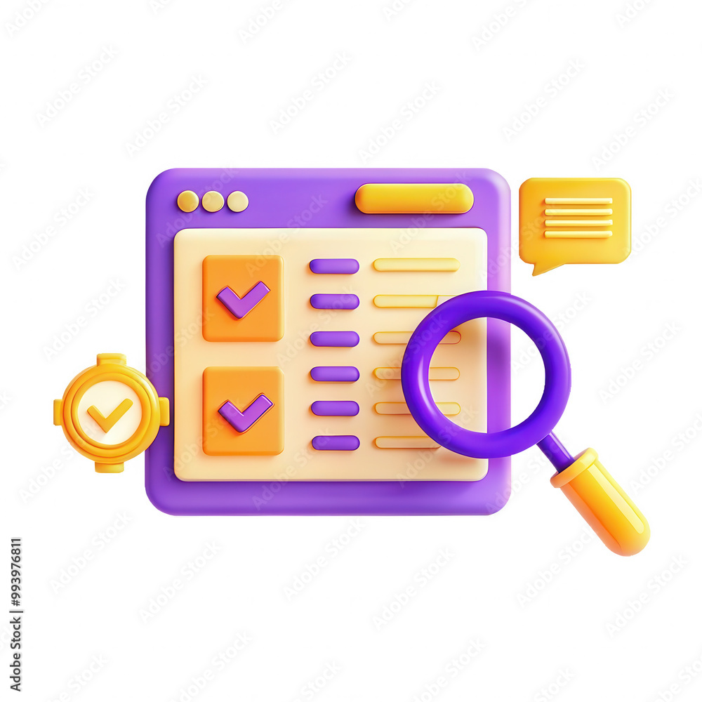 Poster a vibrant 3d render showcasing a checklist interface with two check marks, a magnifying glass, and a