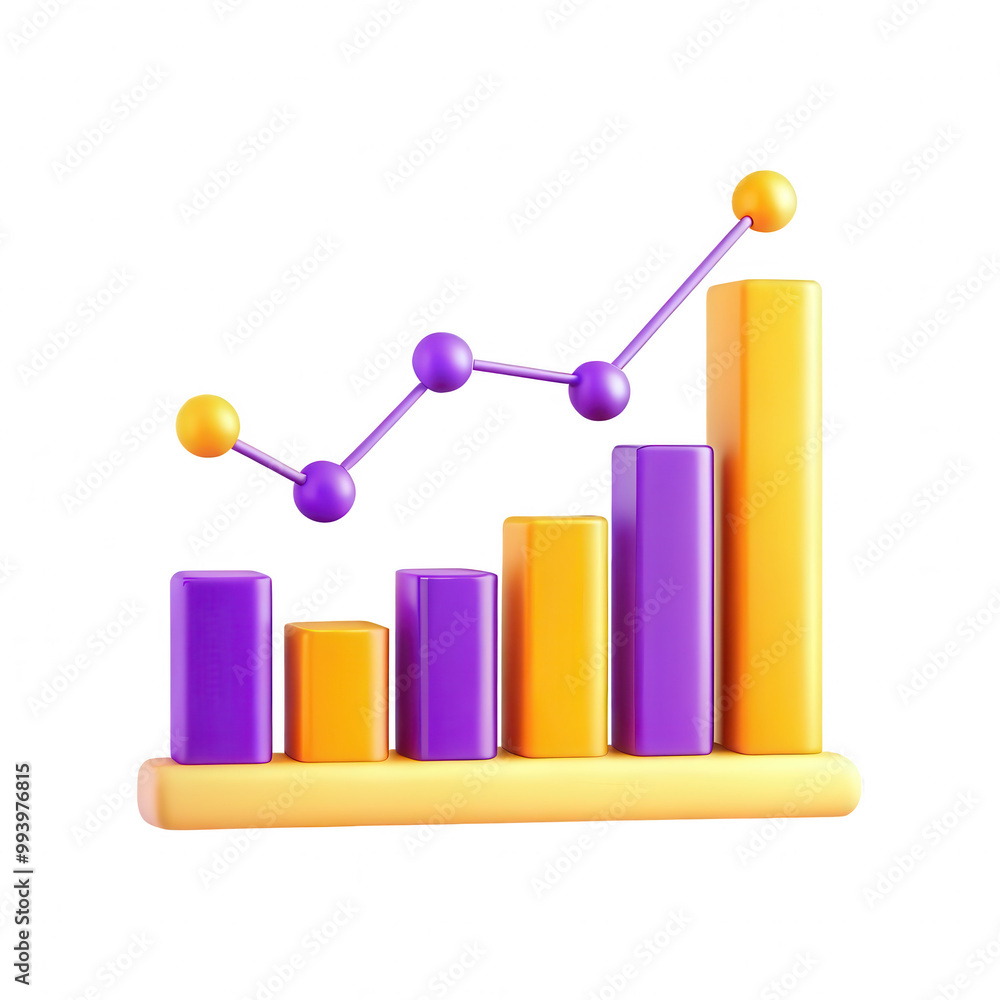 Poster a vibrant 3d rendering of a colorful graph with purple, yellow, and orange bars and connecting lines
