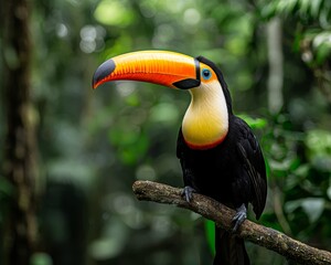 Naklejka premium Vibrant Toucan Closeup Majestic Bird Perched in Lush Forest - Tropical Wildlife Photography