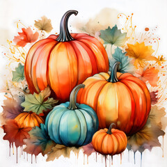 A watercolor illustration of pumpkins peacefully on a pure white background. The overall style is soft and delicate, with gentle, diffused edges, and the colors of the pumpkins are rich and bright