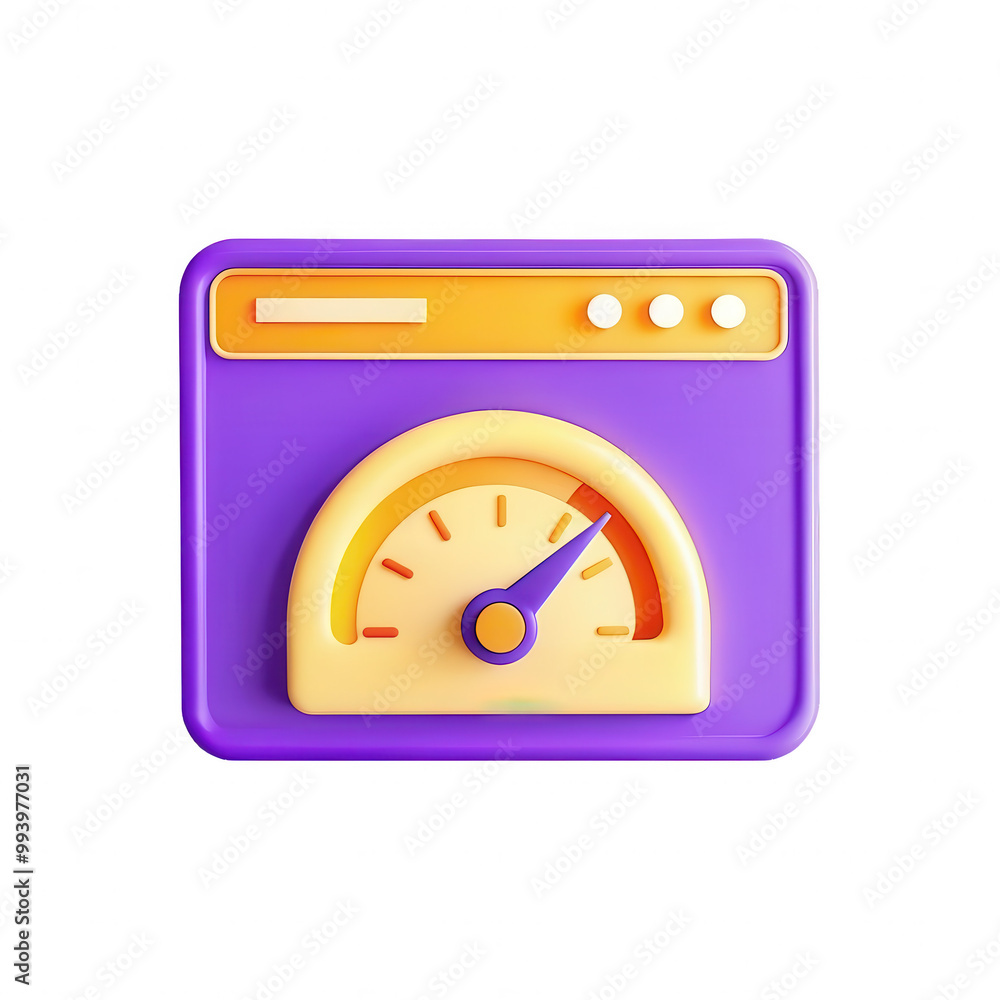 Poster a vibrant 3d rendering of a speedometer icon with a purple background, showcasing an orange indicato
