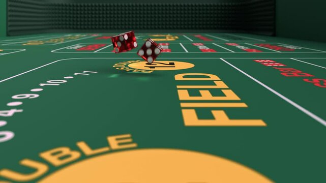 3d animation of two red dice as they roll in slow motion across a casino table, eventually stopping to reveal double sixes. Moment embodies luck, suspense, and the thrill of gambling. Dice triumph