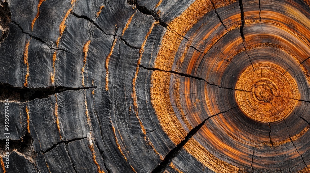 Poster a close-up of the grain and age rings in a cross-section of a tree trunk, ideal for natural and rust