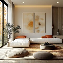  Japandi, Scandinavian interior design of modern living room. 