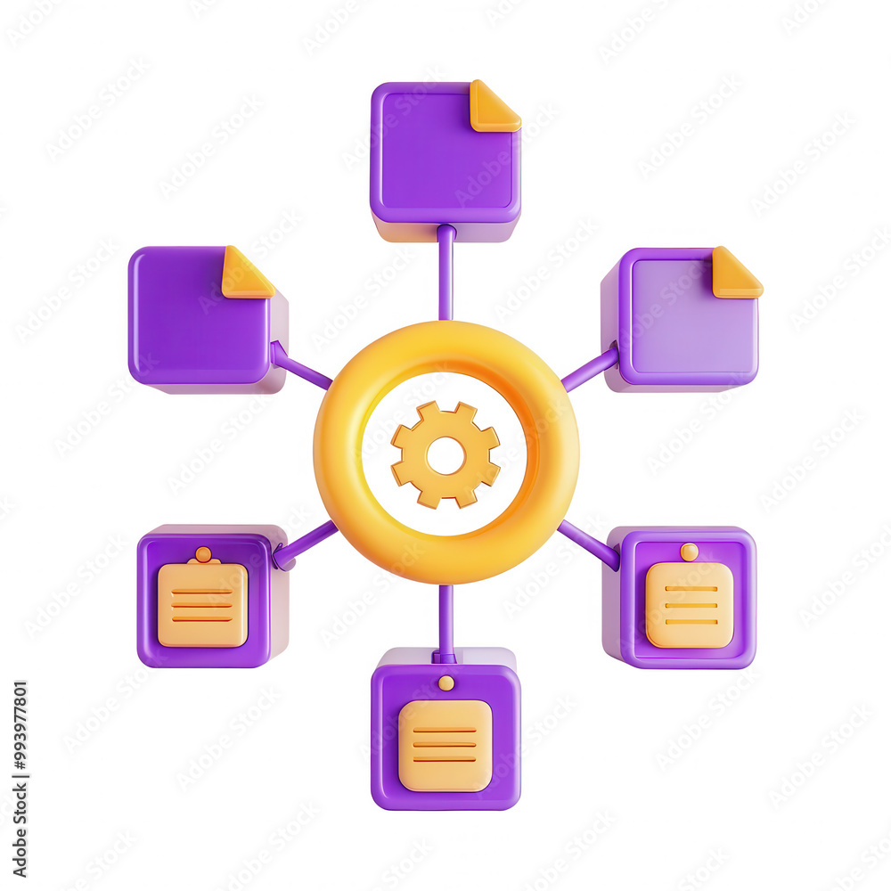 Aufkleber a vibrant 3d render depicting a circular gear surrounded by colorful document icons, showcasing conn