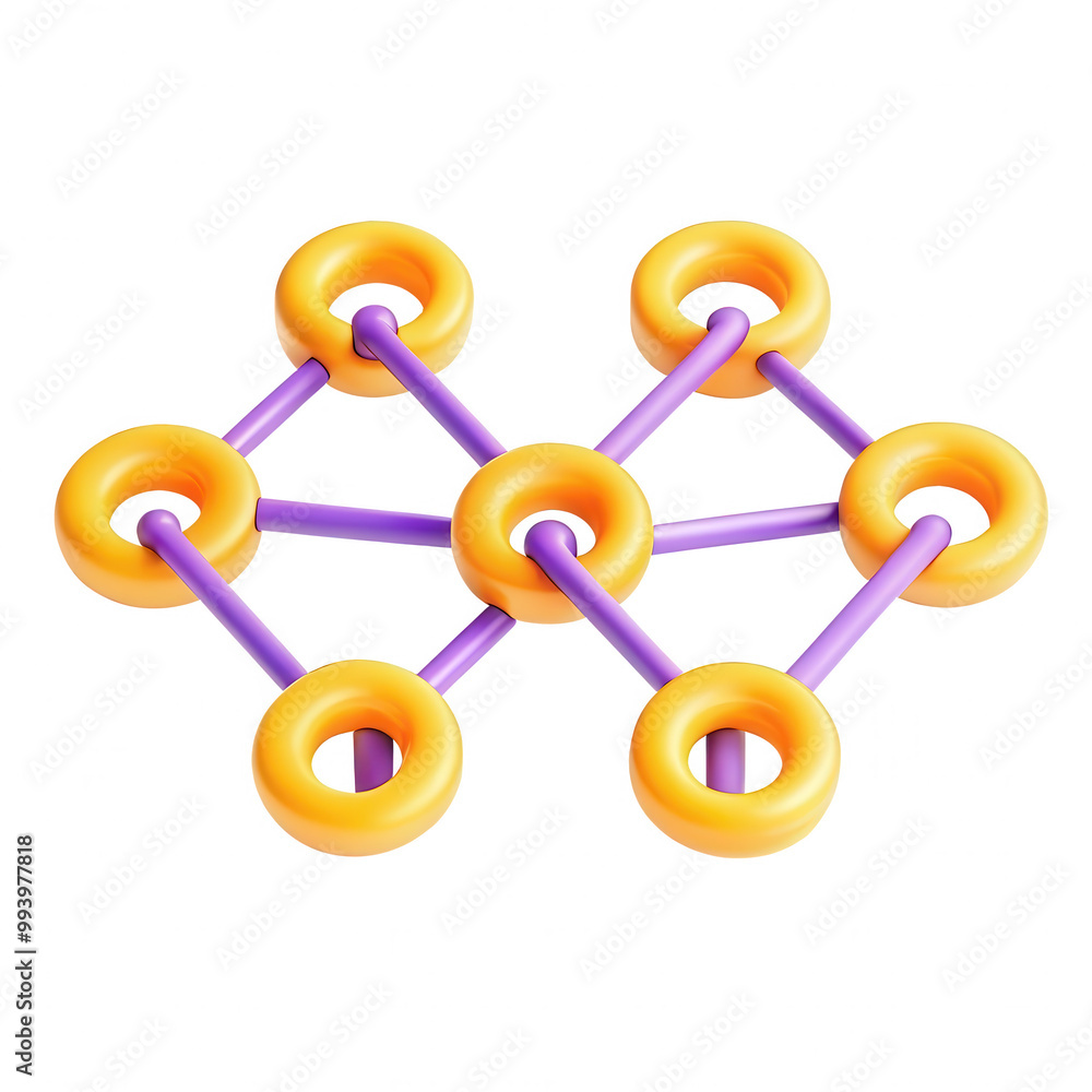 Poster a 3d rendering of a colorful, abstract connection structure featuring orange rings and purple rods, 