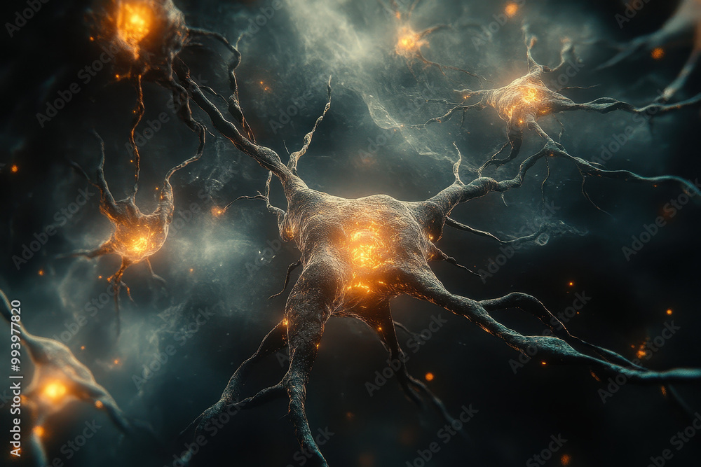 Poster glowing neural network with fiery synapses on dark background