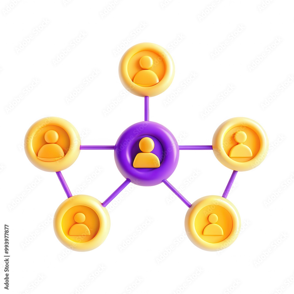 Poster this 3d render depicts a colorful social network with circular user icons connected to a central fig