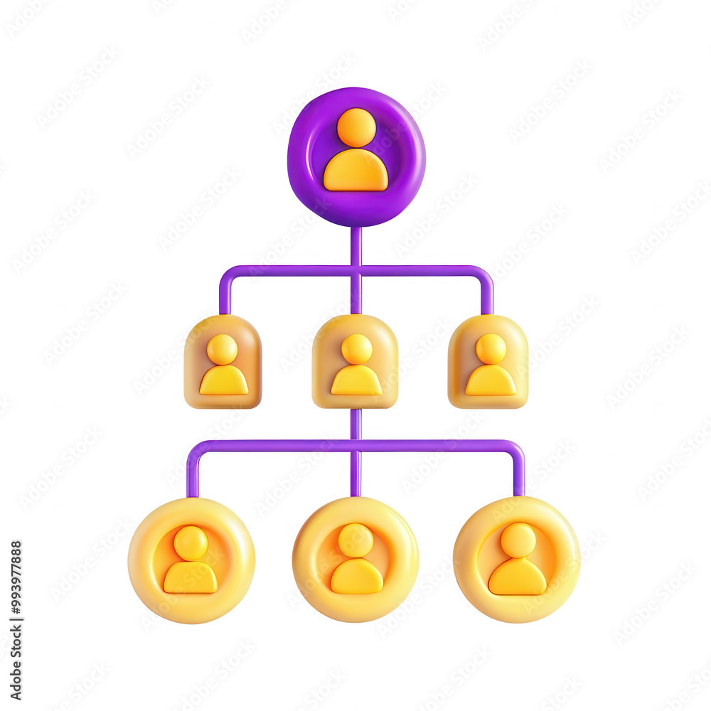Poster a vibrant 3d representation of a hierarchical structure, featuring yellow and purple circular icons 