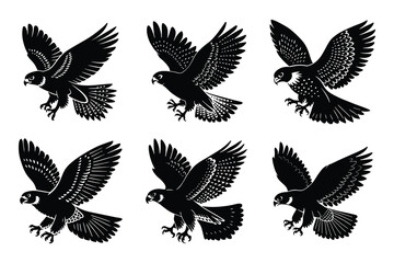 Obraz premium Vector clip art style falcon flying silhouette bundle set with white background
