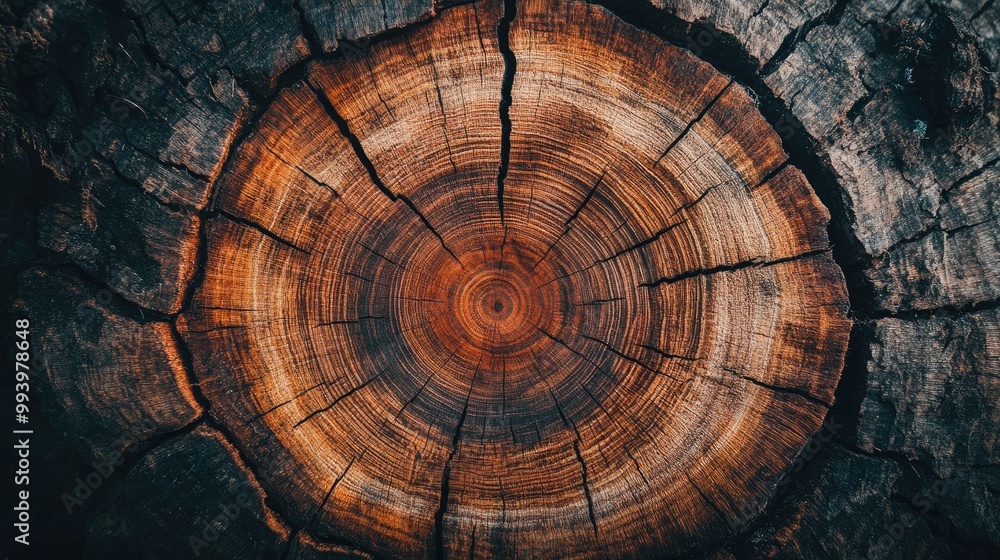 Poster a close-up of the grain and age rings in a cross-section of a tree trunk, ideal for natural and rust