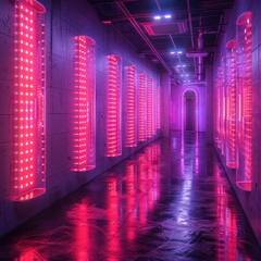 Fototapeta premium Futuristic equalizer bars in a neon-lit space.