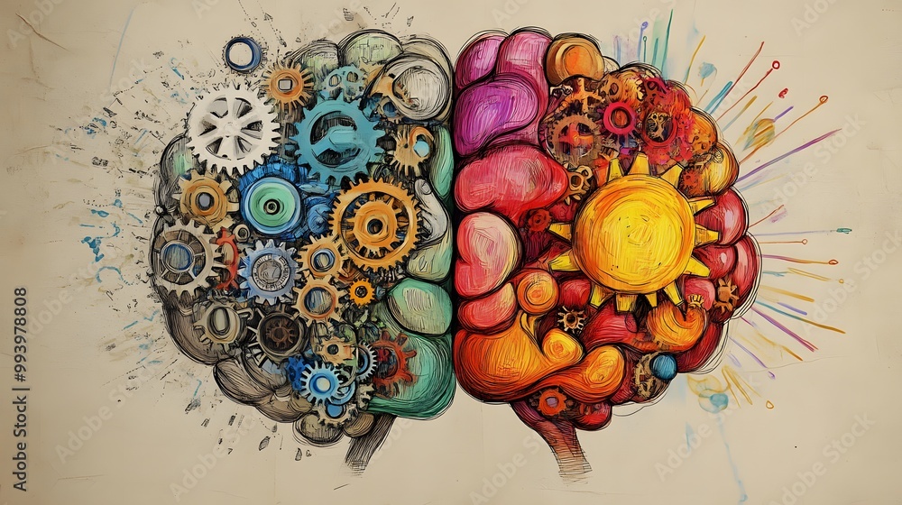 Wall mural a colorful artistic depiction of two brains interconnected by gears