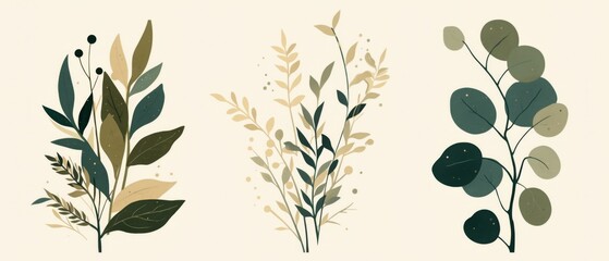 Set of three minimalist botanical wall art prints in neutral and sage green tones