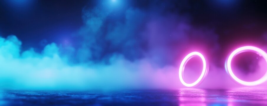 Vibrant neon circles glow in colorful smoke, creating a captivating and dynamic atmosphere for modern art or events.