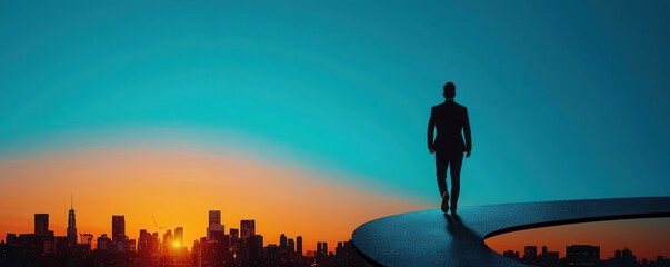 Fototapeta premium Silhouette of a businessman walking towards the sunrise in a city skyline.