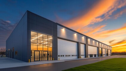 Modern industrial warehouse building at sunset with vibrant sky and clean design
