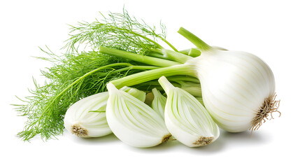 Fresh Fennel Bulbs with Leafy Greens on a White Background design