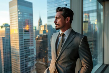 Fototapeta premium Man in Fitted Suit Viewing City Skyline at Sunset for Business Success and Confidence Concept