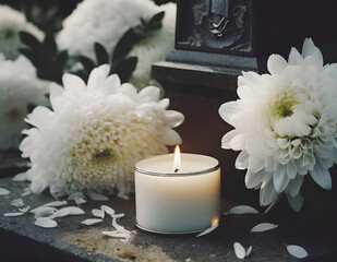 Candle and fresh flowers on the grave for All Saints Day