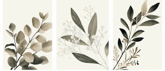 Set of three minimalist botanical wall art prints in neutral and sage green tones