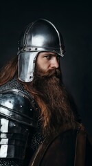 Medieval Knight in Armor Posing Against Dark Background.  Medieval Knight in Full Armor and Helmet Posing Against Dark Background. Low Light Setting. Generative AI