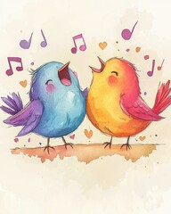 Two colorful singing birds with musical notes illustration