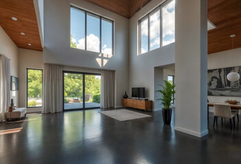 Salotto luminoso a doppia altezza con vista sul giardino