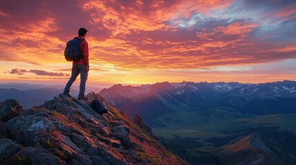 Fototapeta premium A young man triumphs on a mountain, embracing adventure against a vibrant sunset.