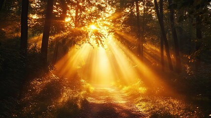 Obraz premium Radiant golden hour sunbeams illuminating a quiet forest path, nature's glow time, peaceful and inspiring landscape, serene atmosphere.