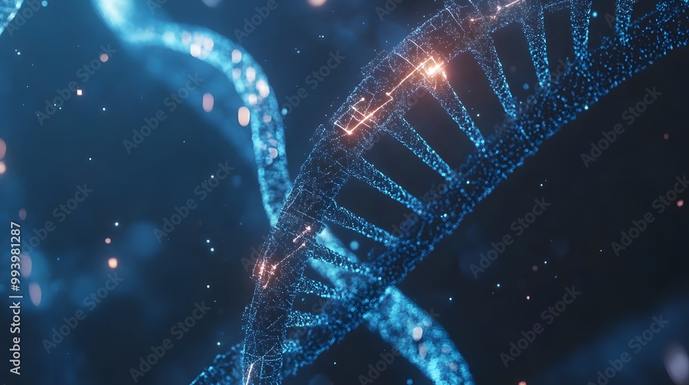 Poster abstract representation of a dna double helix with glowing particles