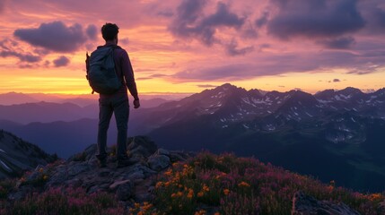 Obraz premium A young man triumphs on a mountain, embracing stunning sunset views and nature's beauty.