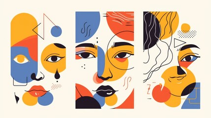 Set of three posters featuring abstract faces in a minimalistic line art style