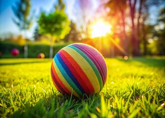 Fototapeta premium Colorful throw ball resting on the grass with a blurred background of a sunny outdoor setting