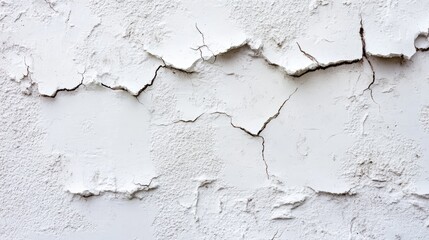 Obraz premium A detailed shot of a white plaster wall with cracks, offering a textured, aged look for creative design or restoration projects.