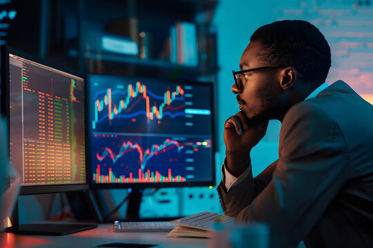 A focused professional analyzes financial data on two computer screens in a modern workspace.