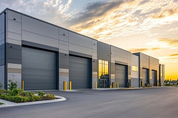 Modern industrial warehouse with large rolling doors at sunset