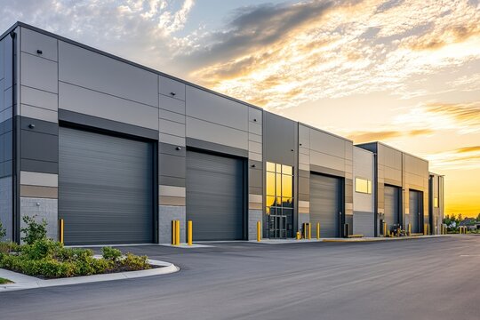 Modern industrial warehouse with large rolling doors at sunset - Powered by Adobe