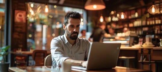 Man Working in Trendy Coffee Shop Promoting Movember Movement with Cozy Atmosphere for Productivity