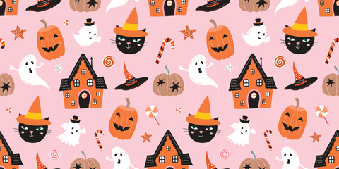 Halloween seamless pattern with black cat, ghost and pumpkin, decorative autumnal wallpaper