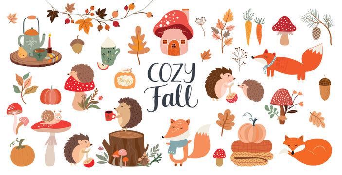 Autumn elements collection, forest animals, seasonal leaves and plants, isolated on white