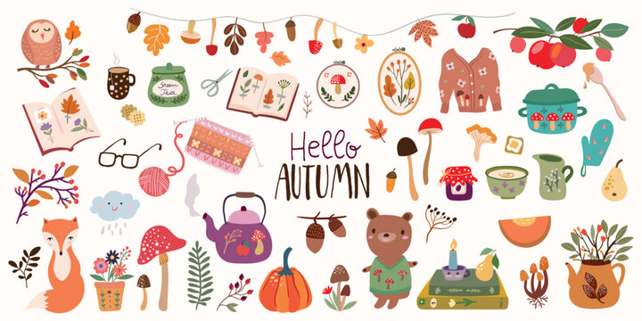 
Hello Autumn elements collection with seasonal icons, animals, plants, decorative design