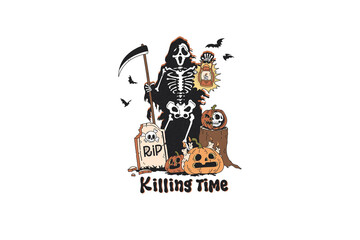 Killing time, Retro Skeleton Halloween PNG Sublimation