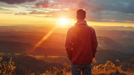 Obraz premium Man in Nature Admiring Scenic Valley During Sunset - Perfect for Outdoor Adventure Prints