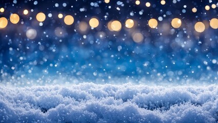 Obraz premium snow cover in the foreground and falling snow, blurry lights and snowflakes in the background