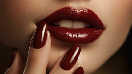 Obraz premium A glamorous close-up of red lips and long, perfectly manicured nails, embodying bold elegance and style.