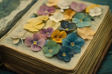 Fototapeta premium Pressed flowers texture in a vintage book, delicate petals flattened against the pages