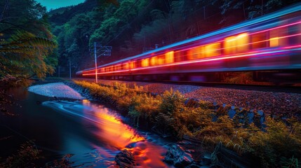 Serene Nighttime Journey: High Definition Train with Light Trail Along River Bank in 8K Resolution