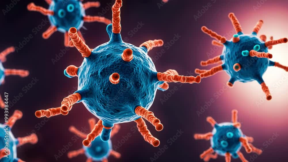 Poster a detailed view of viruses showcasing their structure and behavior in a scientific context, emphasiz