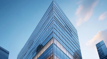 Obraz premium Reflective glass facade of a skyscraper against a blue sky with clouds.